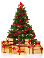 red decorated tree gold presents